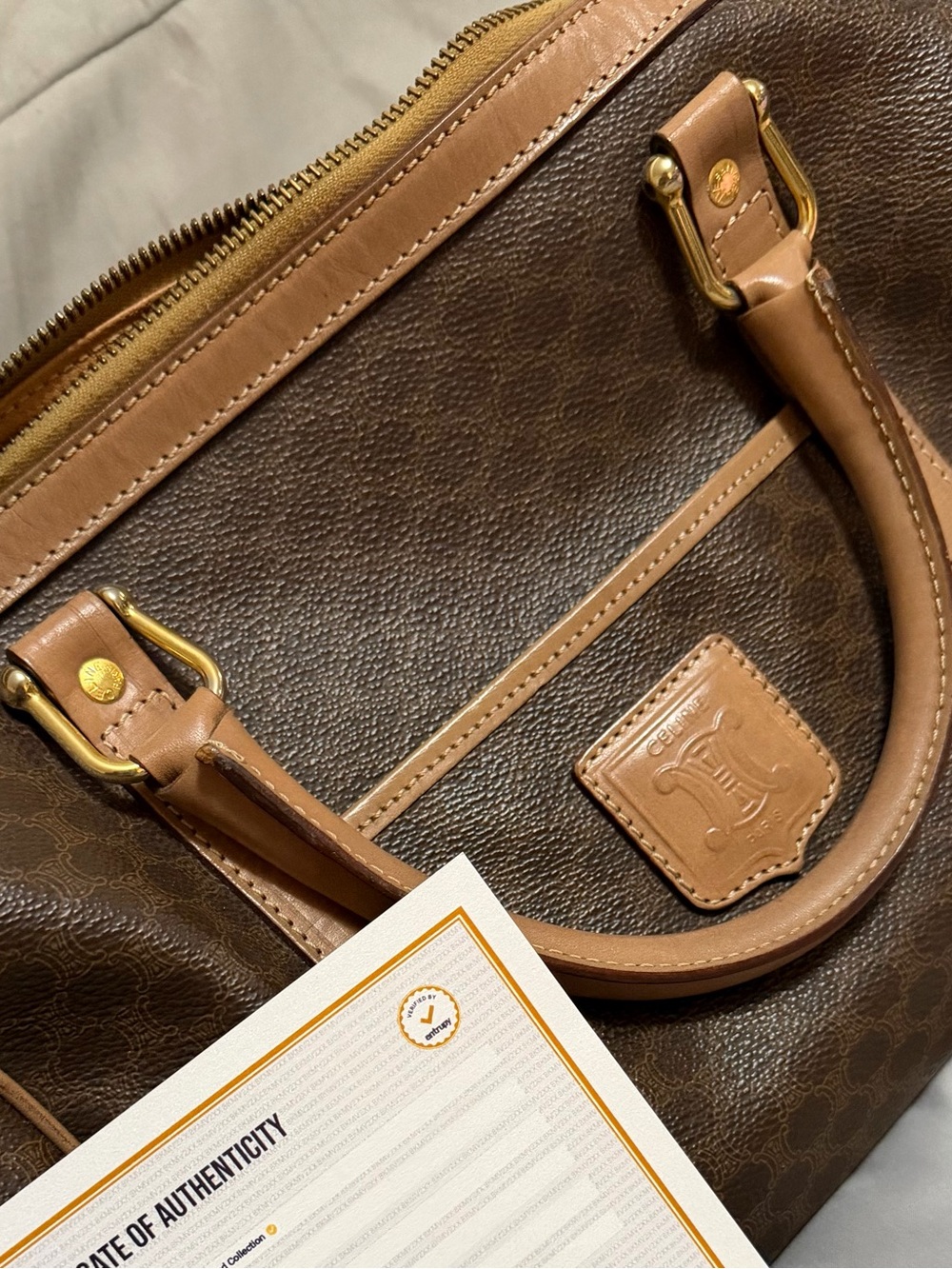 Celine Brown Leather Duffel with Tan Trim and Gold Hardware